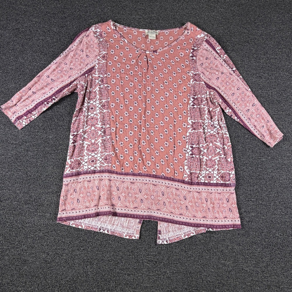Lucky Brand Top Womens Large 7WD60579 Pink Multi Mixed Print Split Back EUC